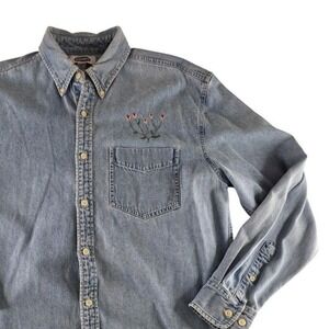 Old Navy Womens Light Wash Denim Embroidered Floral Button Down Shirt Medium Y2K